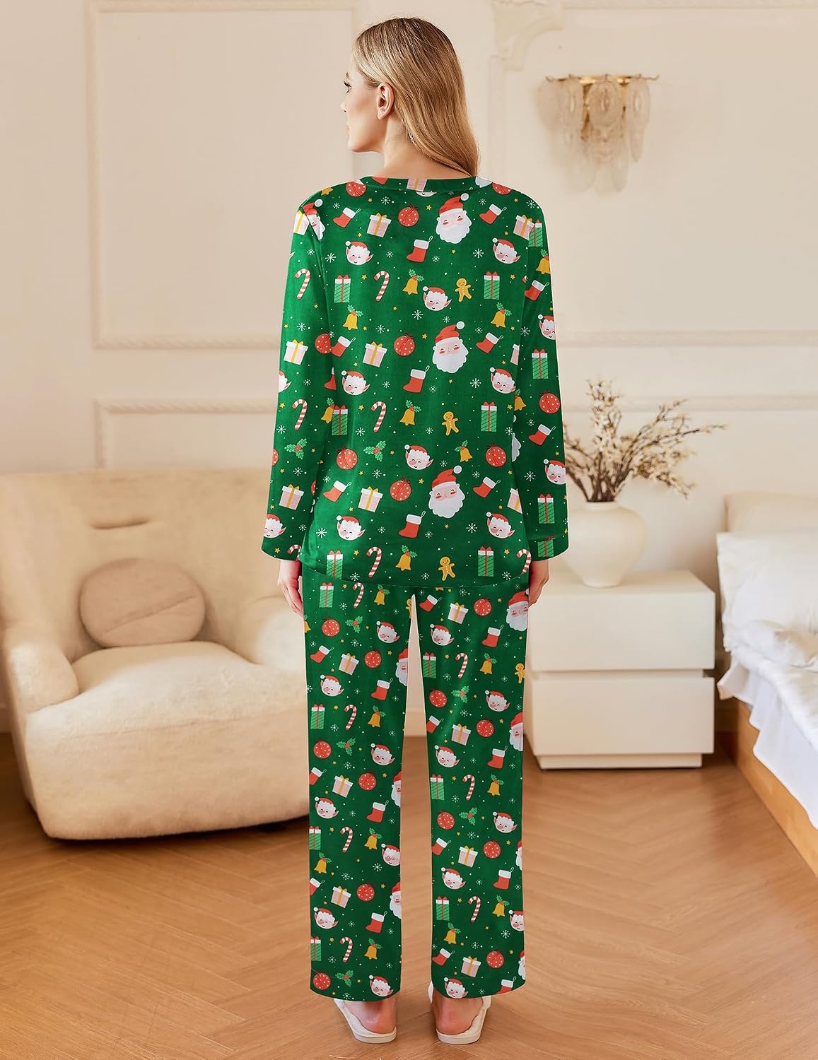 image:imageEkouaer Silk Pajamas for Women 2 Piece Satin PJs Button Up Sleepwear Smooth Silk Fabric Long Sleeve Button Down Top Matching Pants with Pockets Relaxed Fit Ideal for Sleep and LoungeGreenchristmas