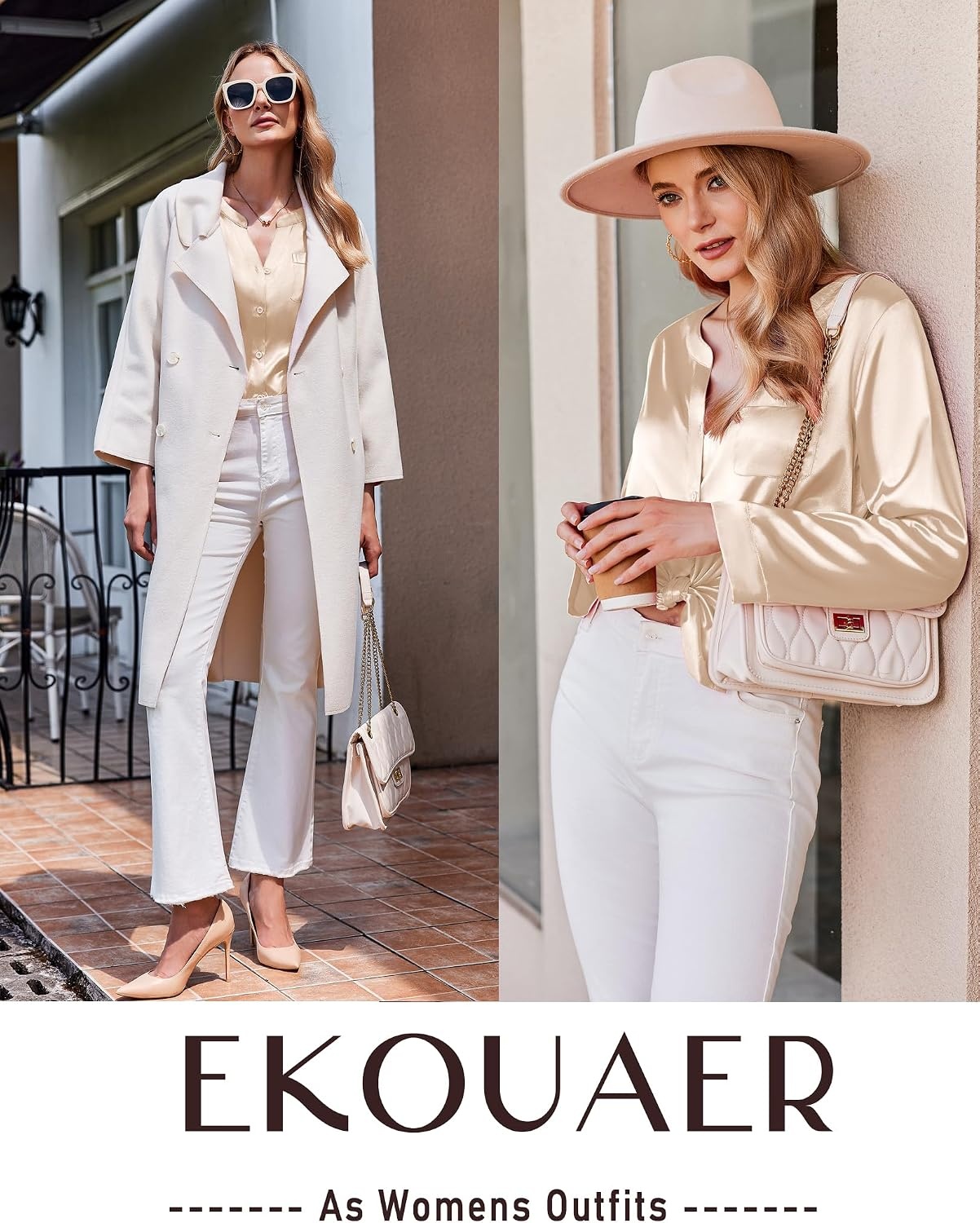 image:imageEkouaer Silk Pajamas for Women 2 Piece Satin PJs Button Up Sleepwear Smooth Silk Fabric Long Sleeve Button Down Top Matching Pants with Pockets Relaxed Fit Ideal for Sleep and LoungeLight Khaki