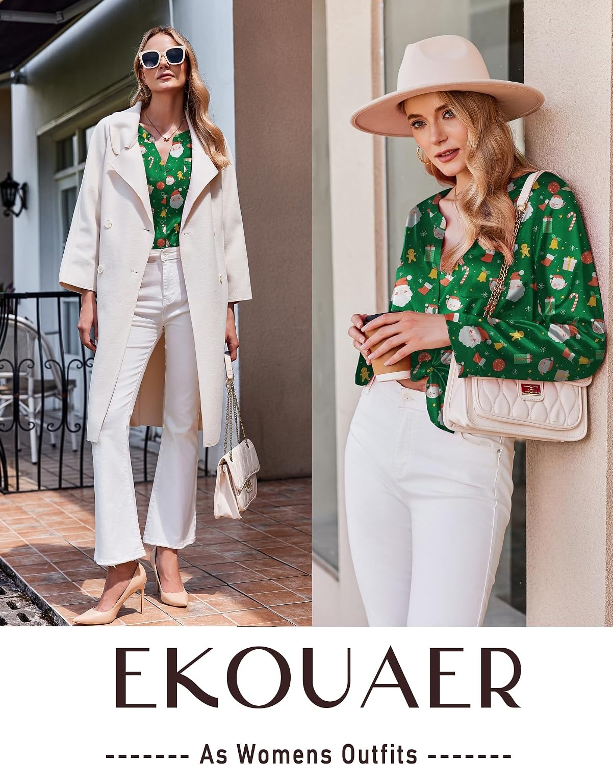 image:imageEkouaer Silk Pajamas for Women 2 Piece Satin PJs Button Up Sleepwear Smooth Silk Fabric Long Sleeve Button Down Top Matching Pants with Pockets Relaxed Fit Ideal for Sleep and LoungeGreenchristmas