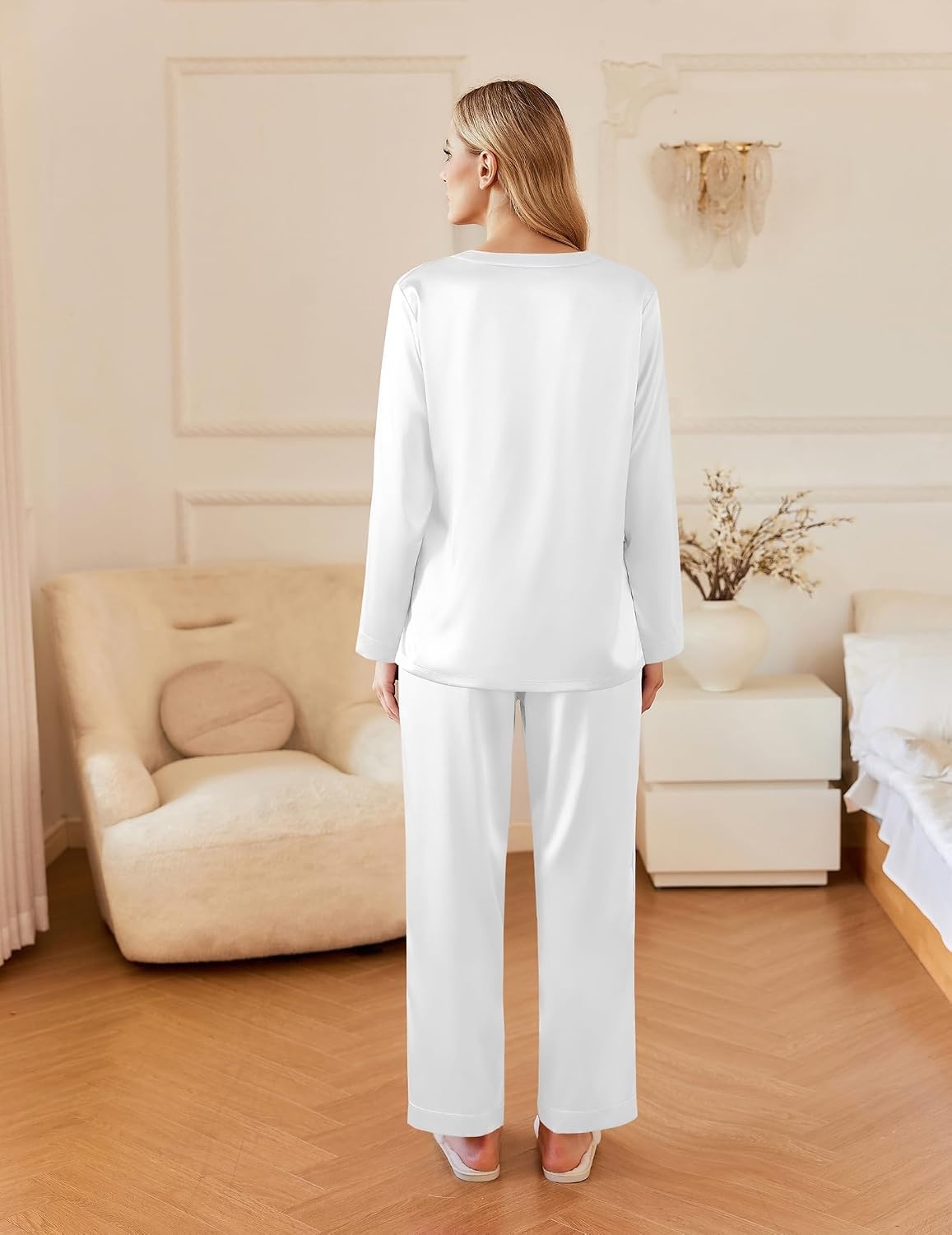 image:imageEkouaer Silk Pajamas for Women 2 Piece Satin PJs Button Up Sleepwear Smooth Silk Fabric Long Sleeve Button Down Top Matching Pants with Pockets Relaxed Fit Ideal for Sleep and LoungeWhite