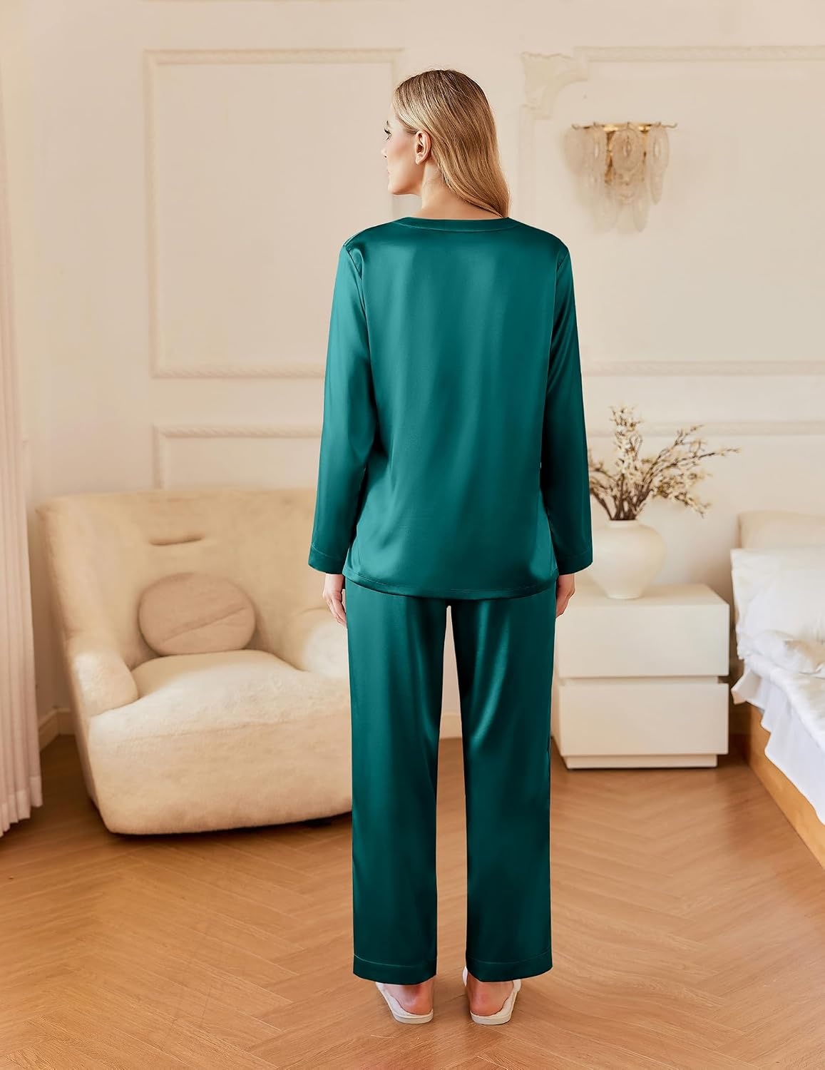 image:imageEkouaer Silk Pajamas for Women 2 Piece Satin PJs Button Up Sleepwear Smooth Silk Fabric Long Sleeve Button Down Top Matching Pants with Pockets Relaxed Fit Ideal for Sleep and LoungeGreen