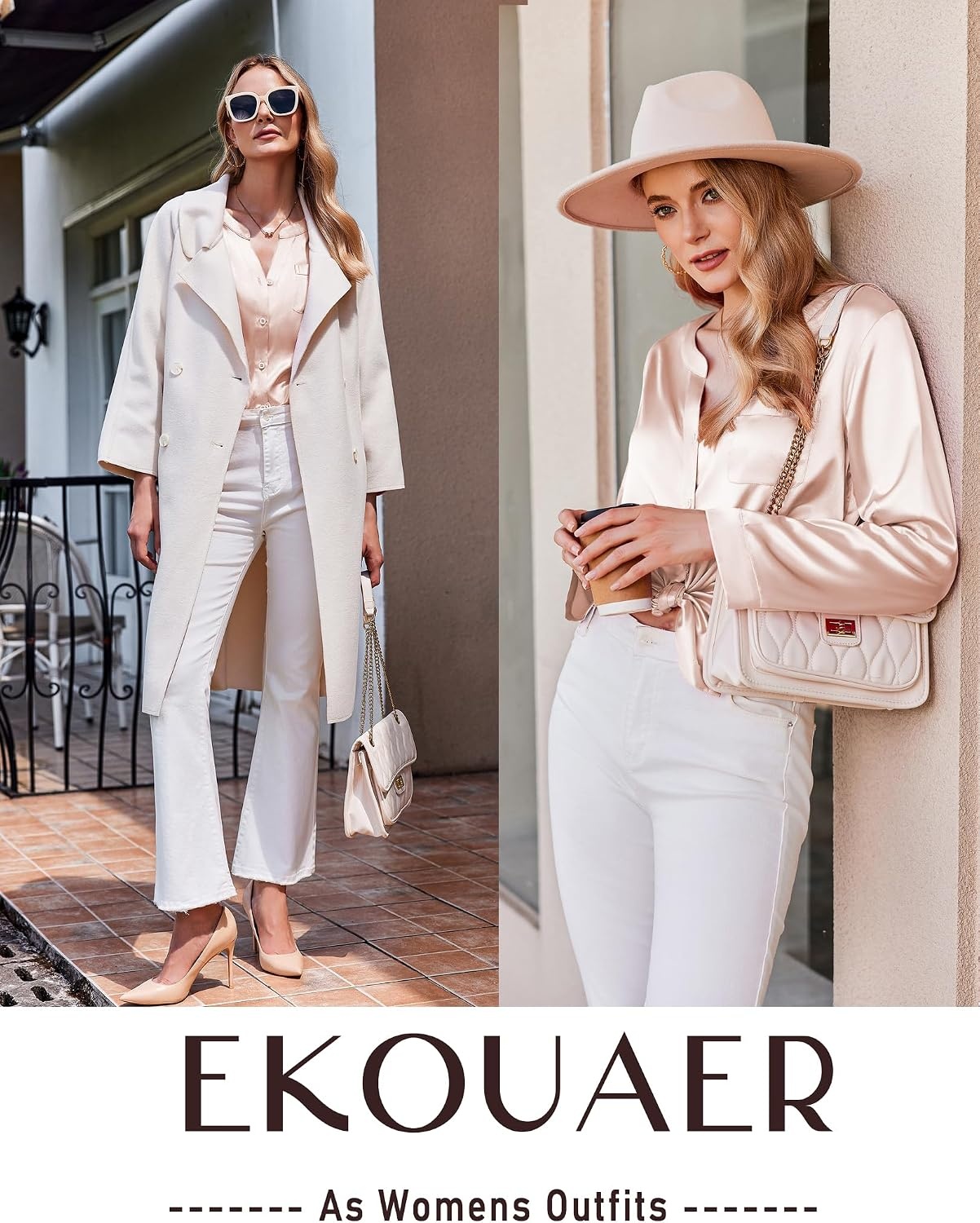 image:imageEkouaer Silk Pajamas for Women 2 Piece Satin PJs Button Up Sleepwear Smooth Silk Fabric Long Sleeve Button Down Top Matching Pants with Pockets Relaxed Fit Ideal for Sleep and LoungeChampagne