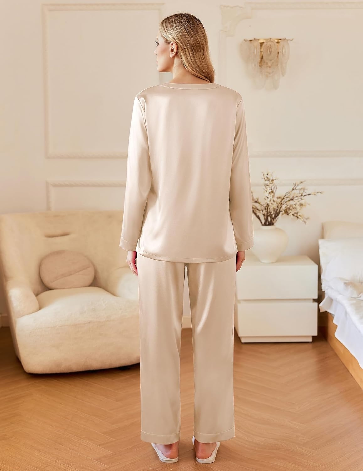 image:imageEkouaer Silk Pajamas for Women 2 Piece Satin PJs Button Up Sleepwear Smooth Silk Fabric Long Sleeve Button Down Top Matching Pants with Pockets Relaxed Fit Ideal for Sleep and LoungeLight Khaki