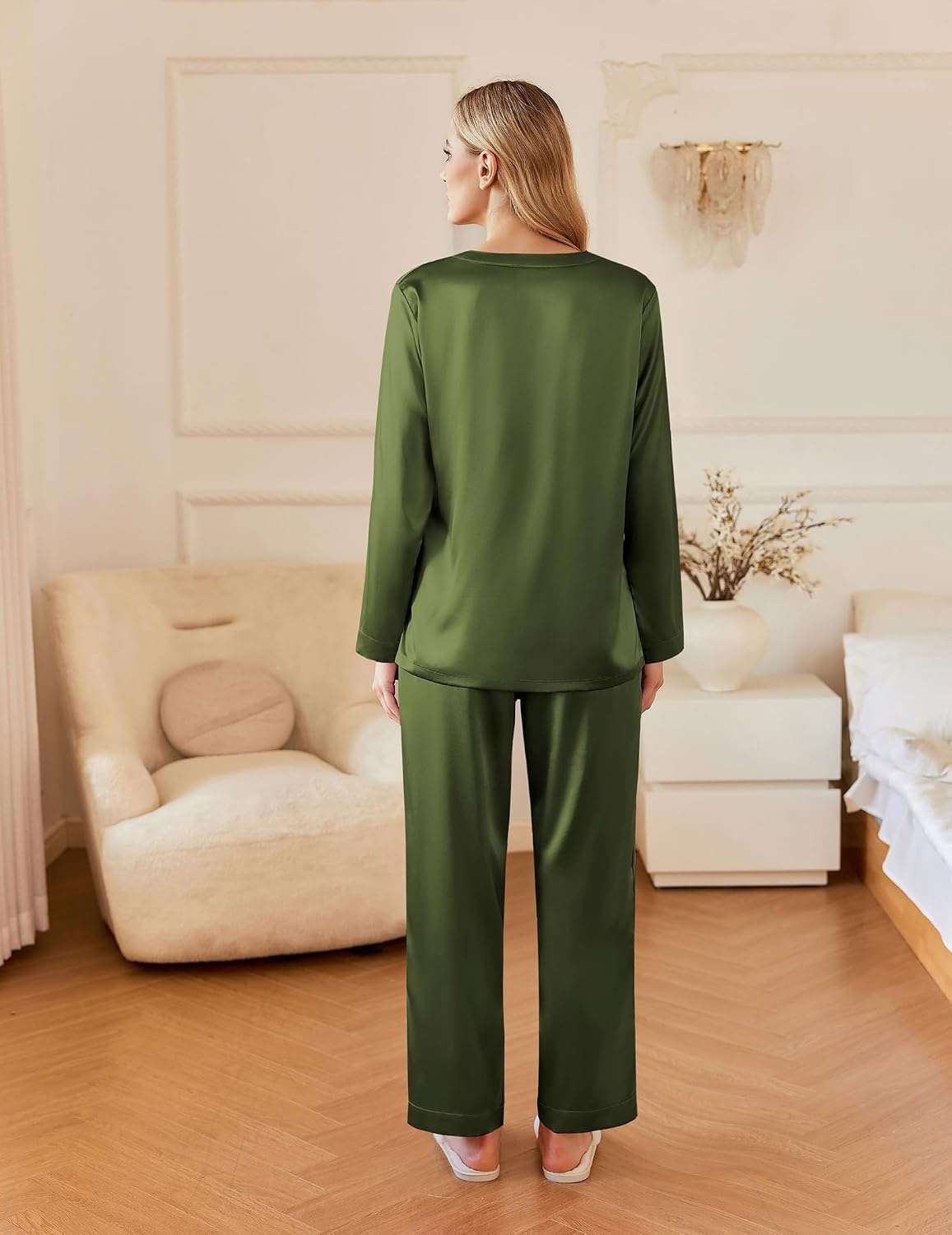 image:imageEkouaer Silk Pajamas for Women 2 Piece Satin PJs Button Up Sleepwear Smooth Silk Fabric Long Sleeve Button Down Top Matching Pants with Pockets Relaxed Fit Ideal for Sleep and LoungeArmy Green