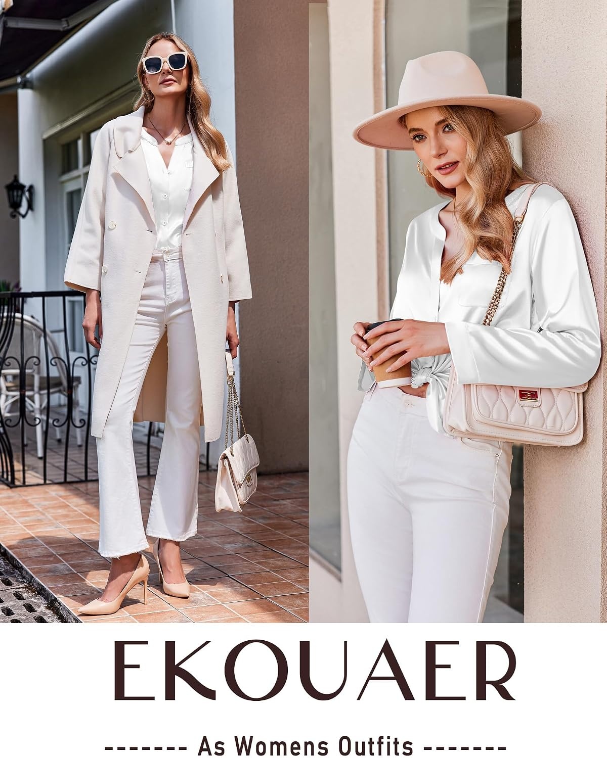 image:imageEkouaer Silk Pajamas for Women 2 Piece Satin PJs Button Up Sleepwear Smooth Silk Fabric Long Sleeve Button Down Top Matching Pants with Pockets Relaxed Fit Ideal for Sleep and LoungeWhite