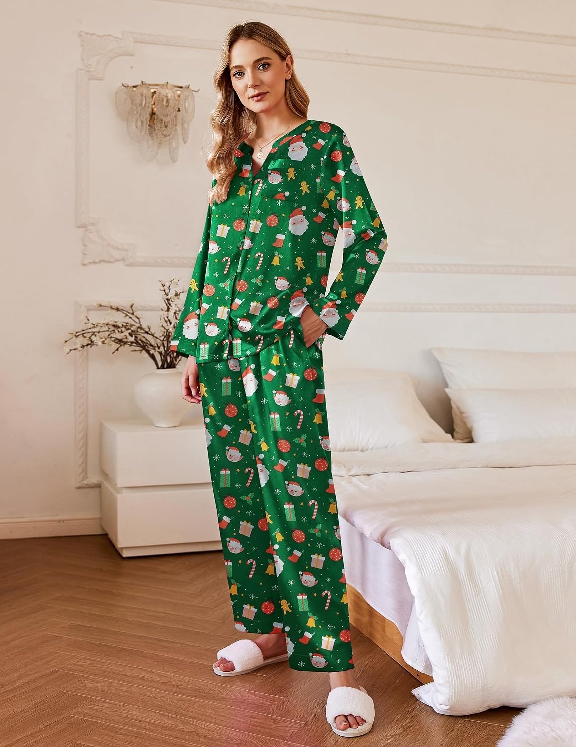 image:imageEkouaer Silk Pajamas for Women 2 Piece Satin PJs Button Up Sleepwear Smooth Silk Fabric Long Sleeve Button Down Top Matching Pants with Pockets Relaxed Fit Ideal for Sleep and LoungeGreenchristmas