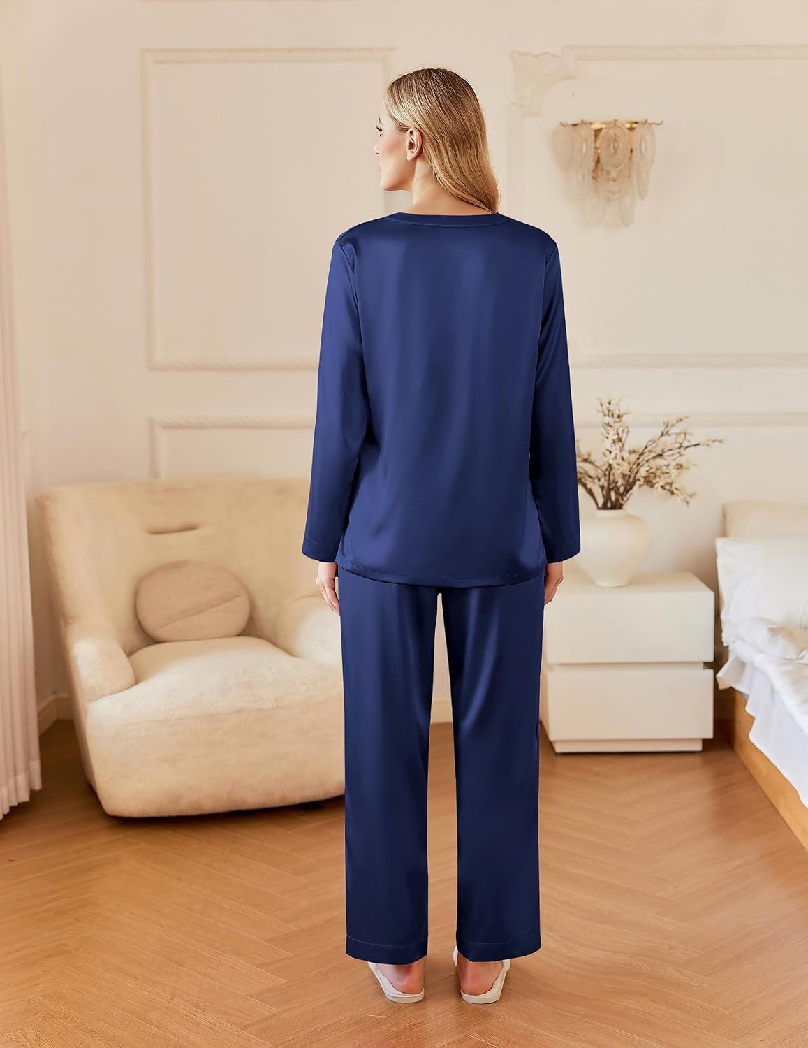 image:imageEkouaer Silk Pajamas for Women 2 Piece Satin PJs Button Up Sleepwear Smooth Silk Fabric Long Sleeve Button Down Top Matching Pants with Pockets Relaxed Fit Ideal for Sleep and LoungeNavy Blue