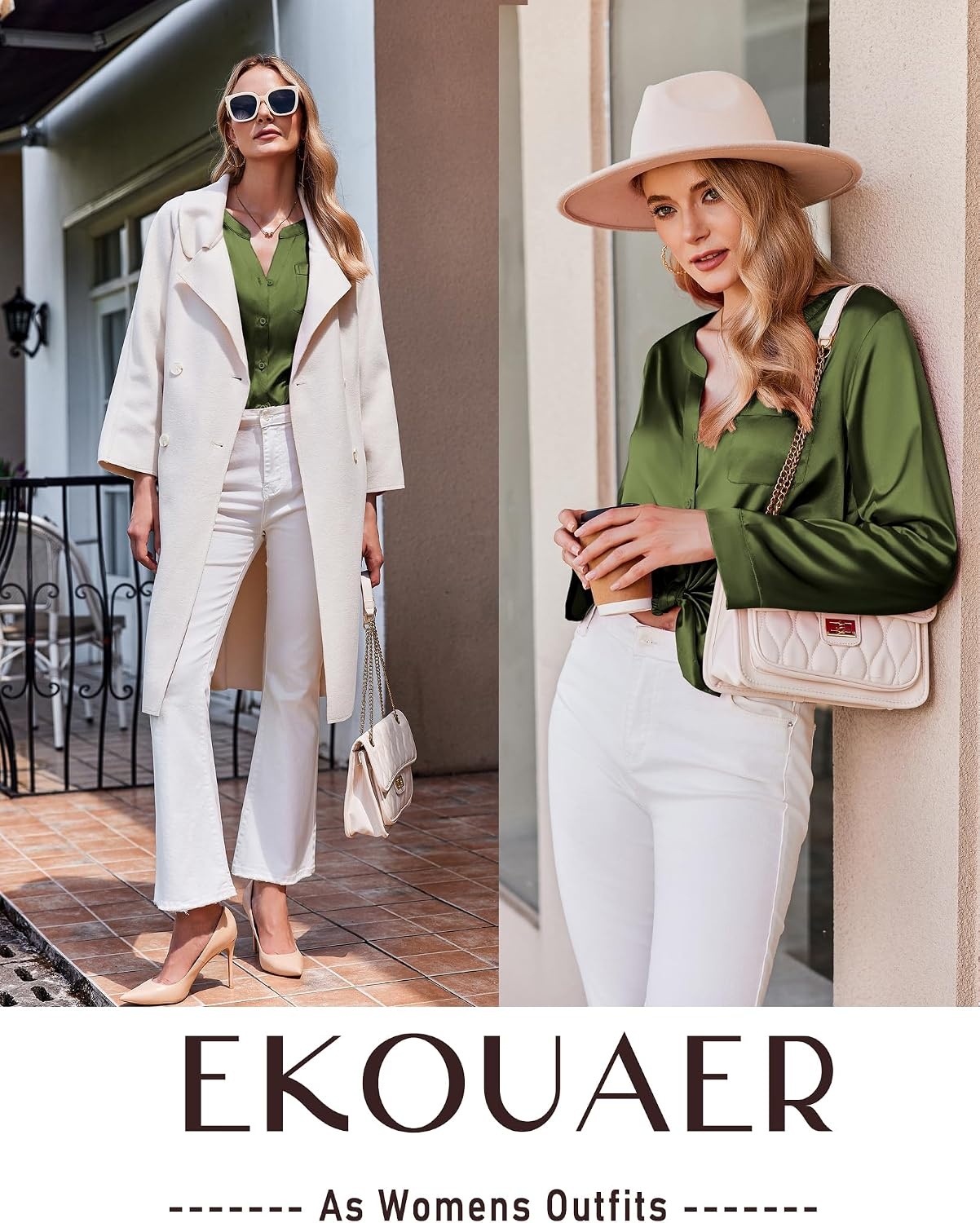 image:imageEkouaer Silk Pajamas for Women 2 Piece Satin PJs Button Up Sleepwear Smooth Silk Fabric Long Sleeve Button Down Top Matching Pants with Pockets Relaxed Fit Ideal for Sleep and LoungeArmy Green