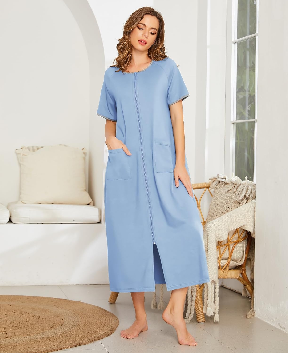 image:imageEkouaer Women Robe Zipper Short Sleeves Full Length House Coat with Pockets Zip Up Bathrobe Short Sleeve Soft and LightweightBlue Green