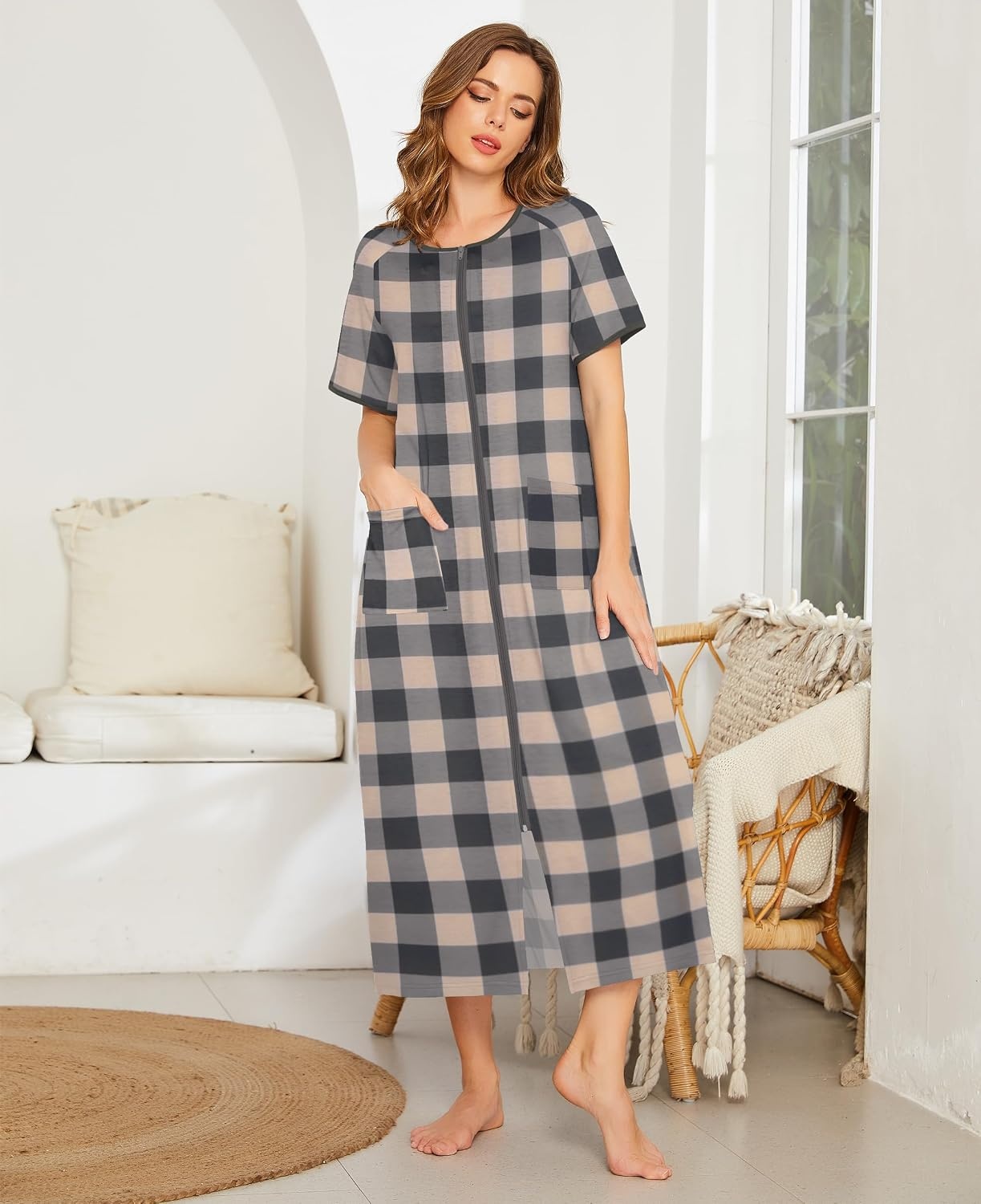 image:imageEkouaer Women Robe Zipper Short Sleeves Full Length House Coat with Pockets Zip Up Bathrobe Short Sleeve Soft and LightweightGray Plaid