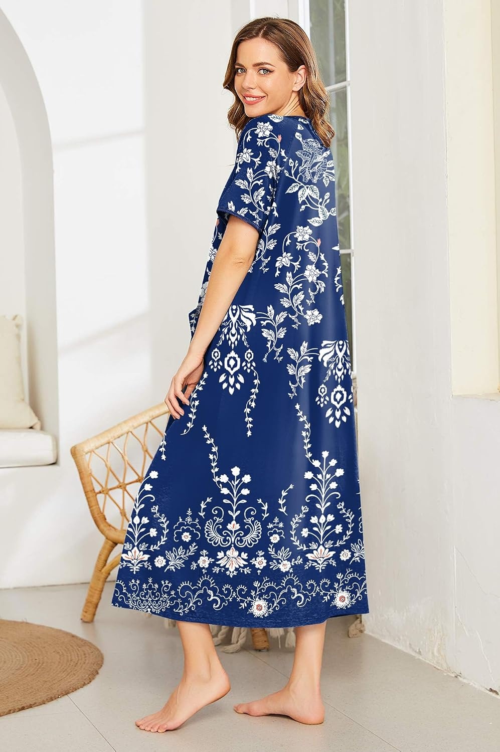 image:imageEkouaer Women Robe Zipper Short Sleeves Full Length House Coat with Pockets Zip Up Bathrobe Short Sleeve Soft and LightweightNavy Blue White Flowers