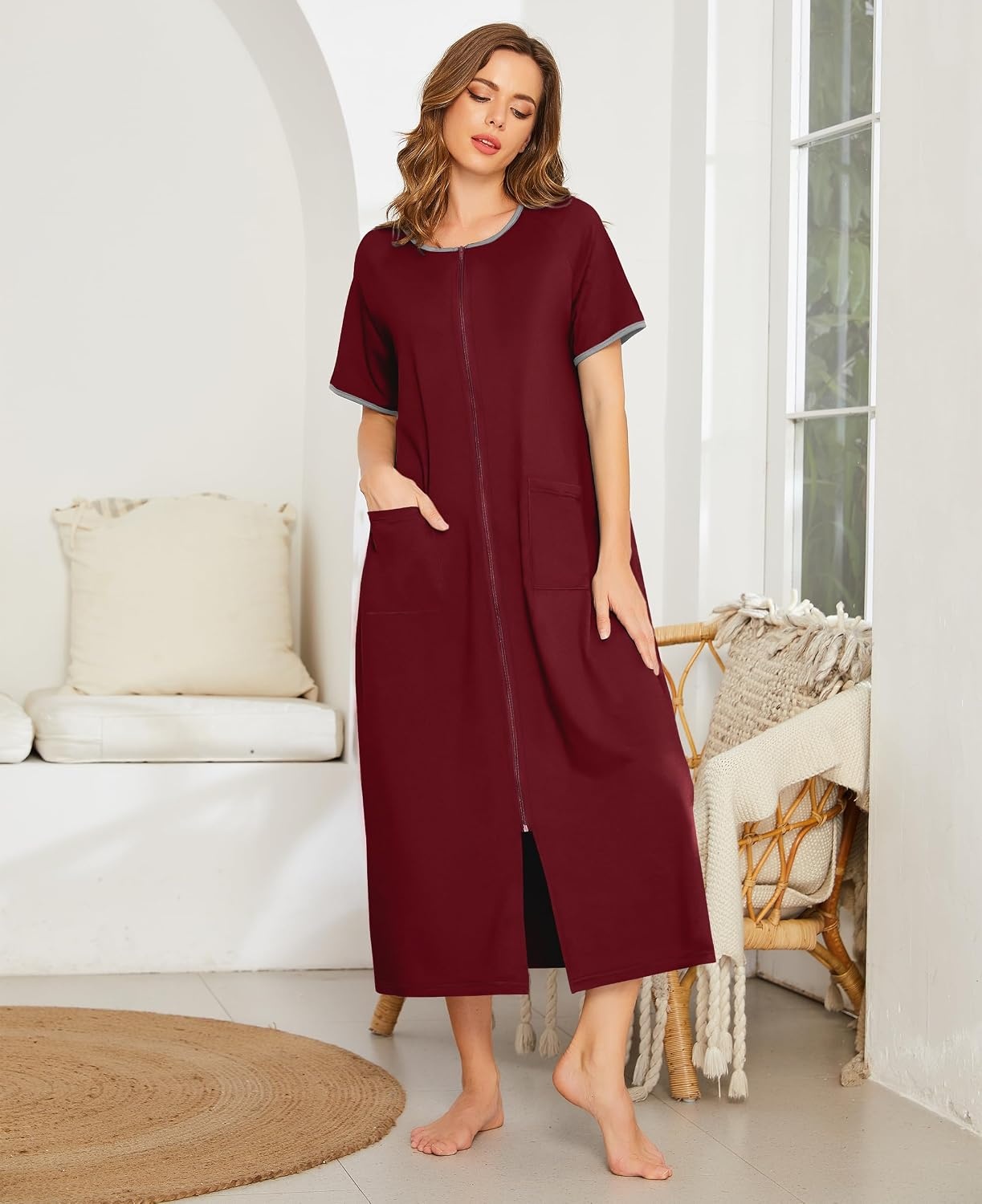 image:imageEkouaer Women Robe Zipper Short Sleeves Full Length House Coat with Pockets Zip Up Bathrobe Short Sleeve Soft and LightweightWine Red