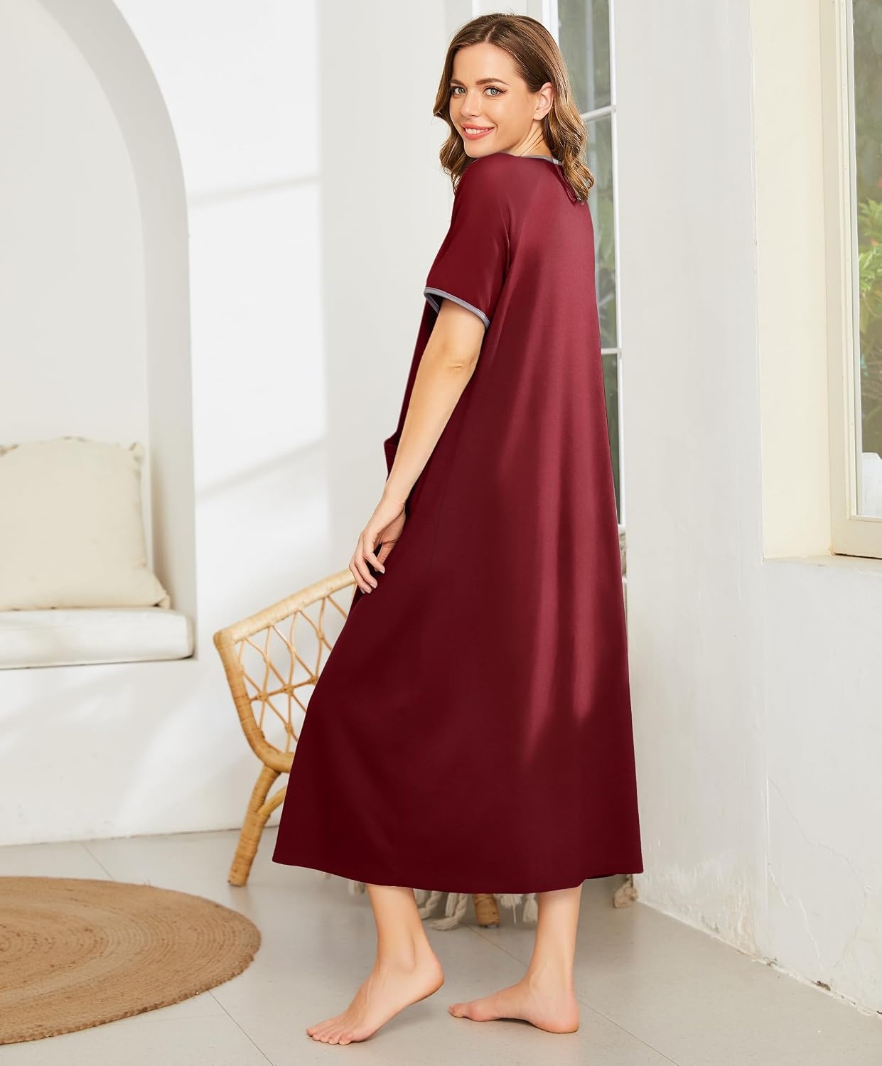 image:imageEkouaer Women Robe Zipper Short Sleeves Full Length House Coat with Pockets Zip Up Bathrobe Short Sleeve Soft and LightweightWine Red