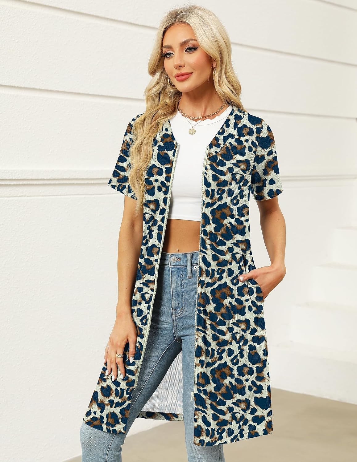 image:imageEkouaer Women Zipper Robe Waffle Bathrobe Short House Coat with Pockets Lightweight Robe Short Sleeve Waffle Material V NeckCream Leopard Print