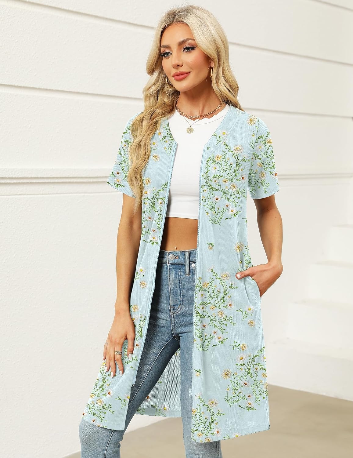 image:imageEkouaer Women Zipper Robe Waffle Bathrobe Short House Coat with Pockets Lightweight Robe Short Sleeve Waffle Material V NeckDaisy Breeze