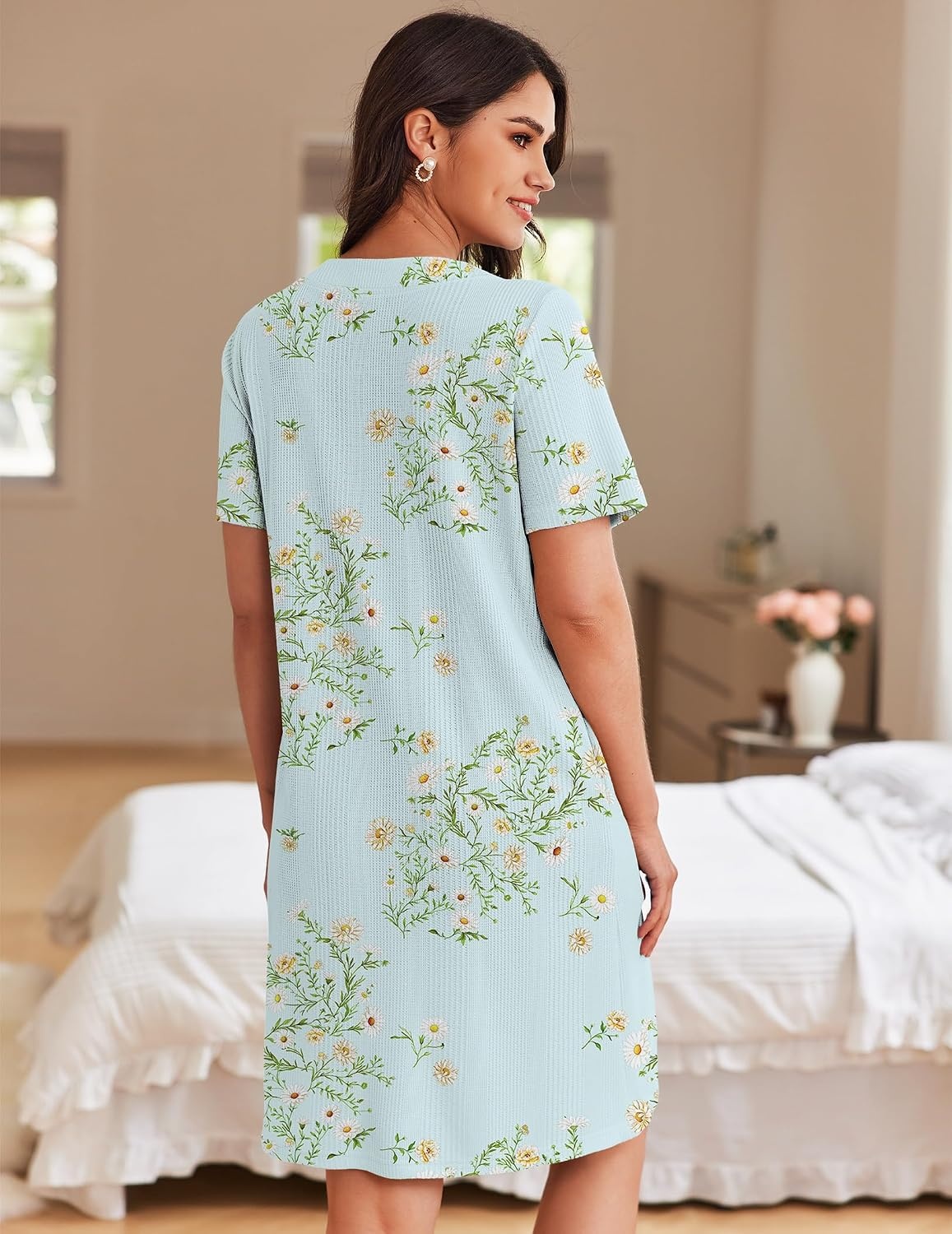 image:imageEkouaer Women Zipper Robe Waffle Bathrobe Short House Coat with Pockets Lightweight Robe Short Sleeve Waffle Material V NeckDaisy Breeze