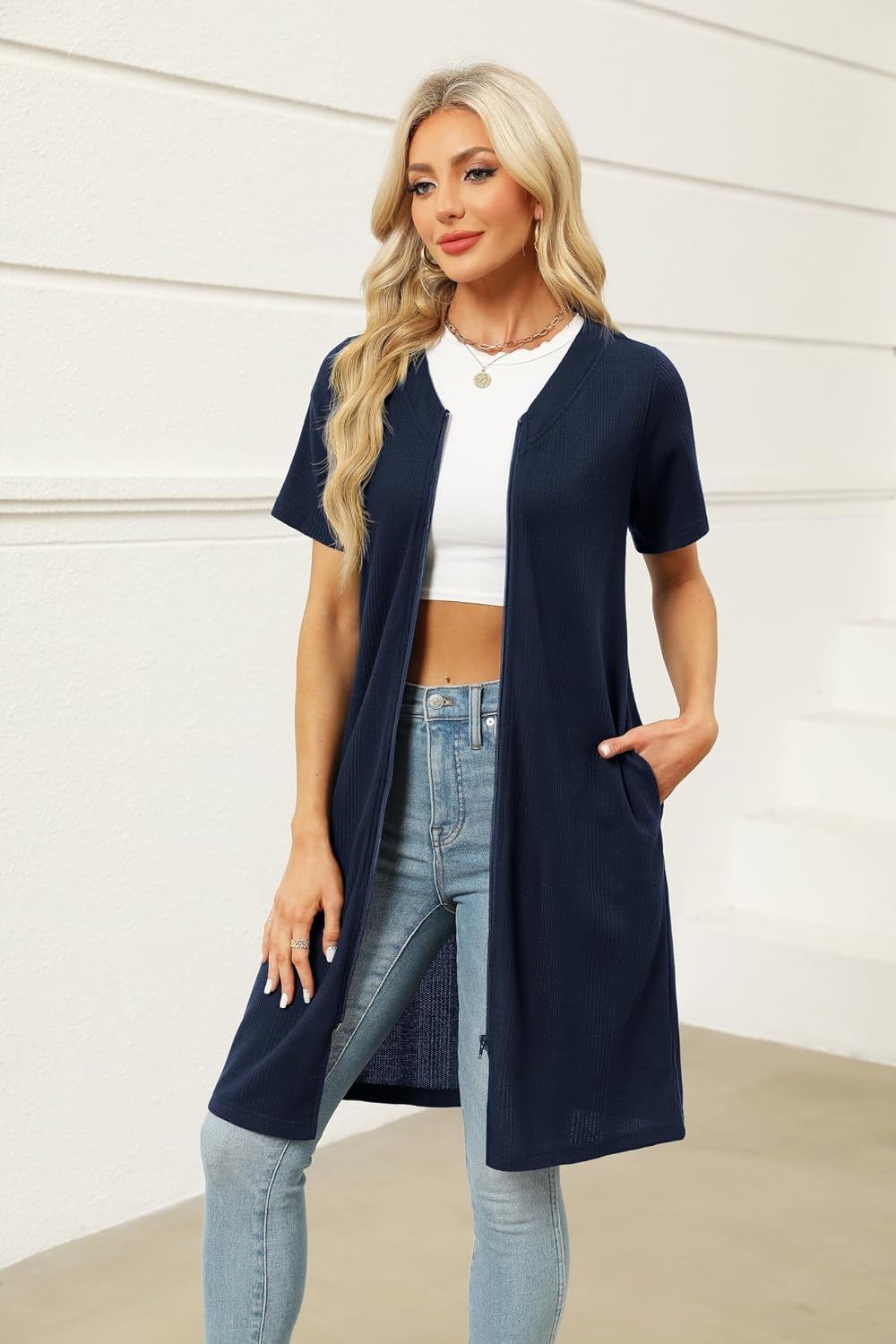 image:imageEkouaer Women Zipper Robe Waffle Bathrobe Short House Coat with Pockets Lightweight Robe Short Sleeve Waffle Material V NeckDeep Navy