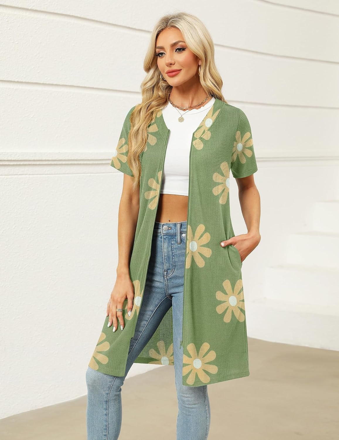 image:imageEkouaer Women Zipper Robe Waffle Bathrobe Short House Coat with Pockets Lightweight Robe Short Sleeve Waffle Material V NeckGreen Floral Print