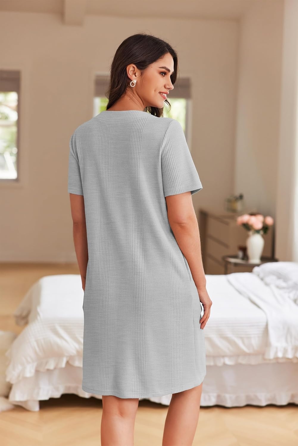 image:imageEkouaer Women Zipper Robe Waffle Bathrobe Short House Coat with Pockets Lightweight Robe Short Sleeve Waffle Material V NeckLight Grey