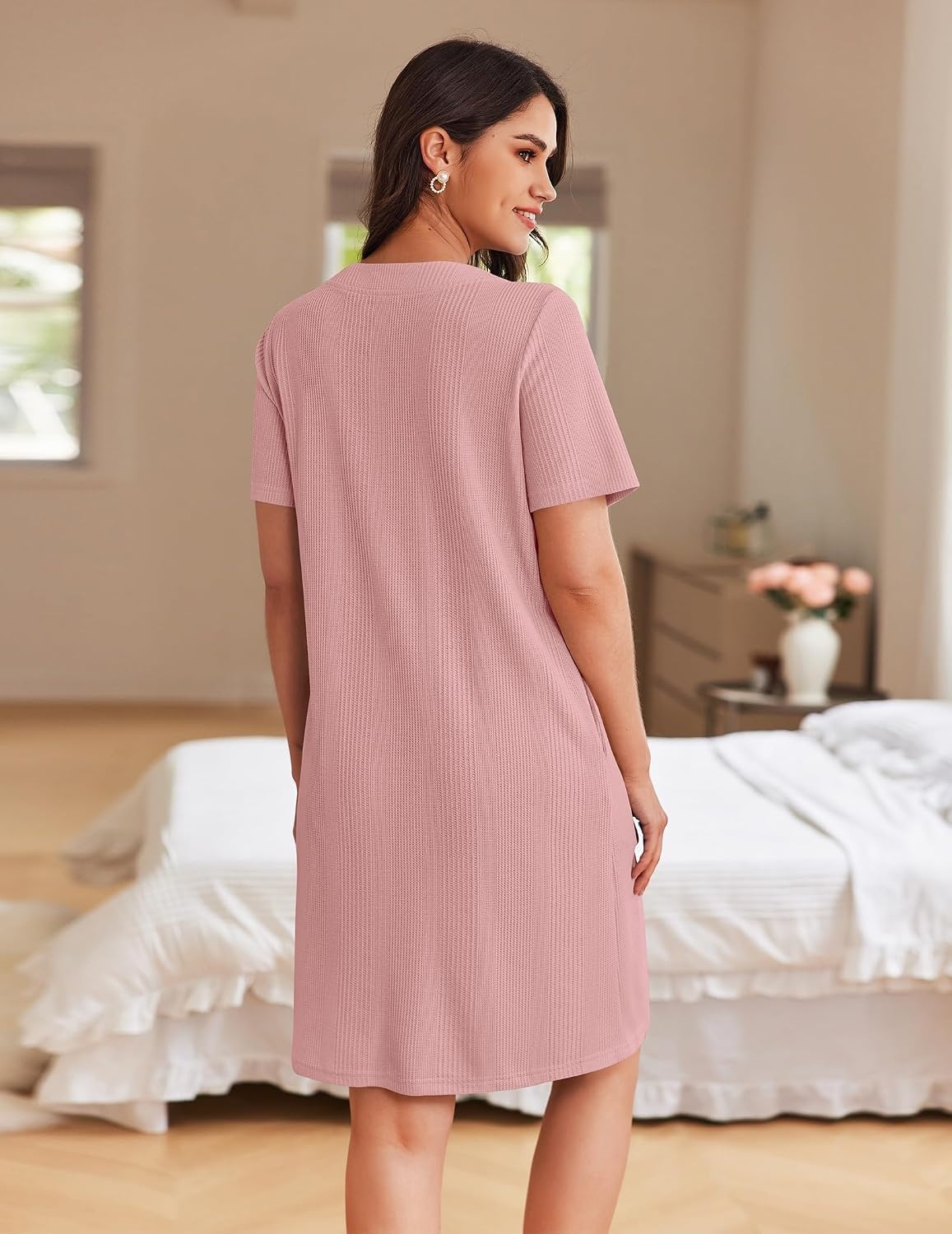 image:imageEkouaer Women Zipper Robe Waffle Bathrobe Short House Coat with Pockets Lightweight Robe Short Sleeve Waffle Material V NeckLight Pink