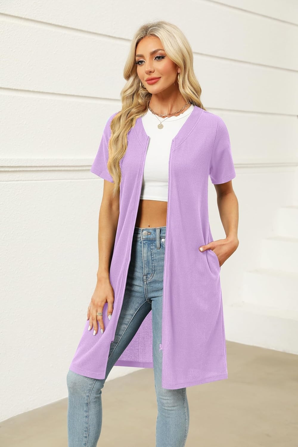 image:imageEkouaer Women Zipper Robe Waffle Bathrobe Short House Coat with Pockets Lightweight Robe Short Sleeve Waffle Material V NeckLight Purple