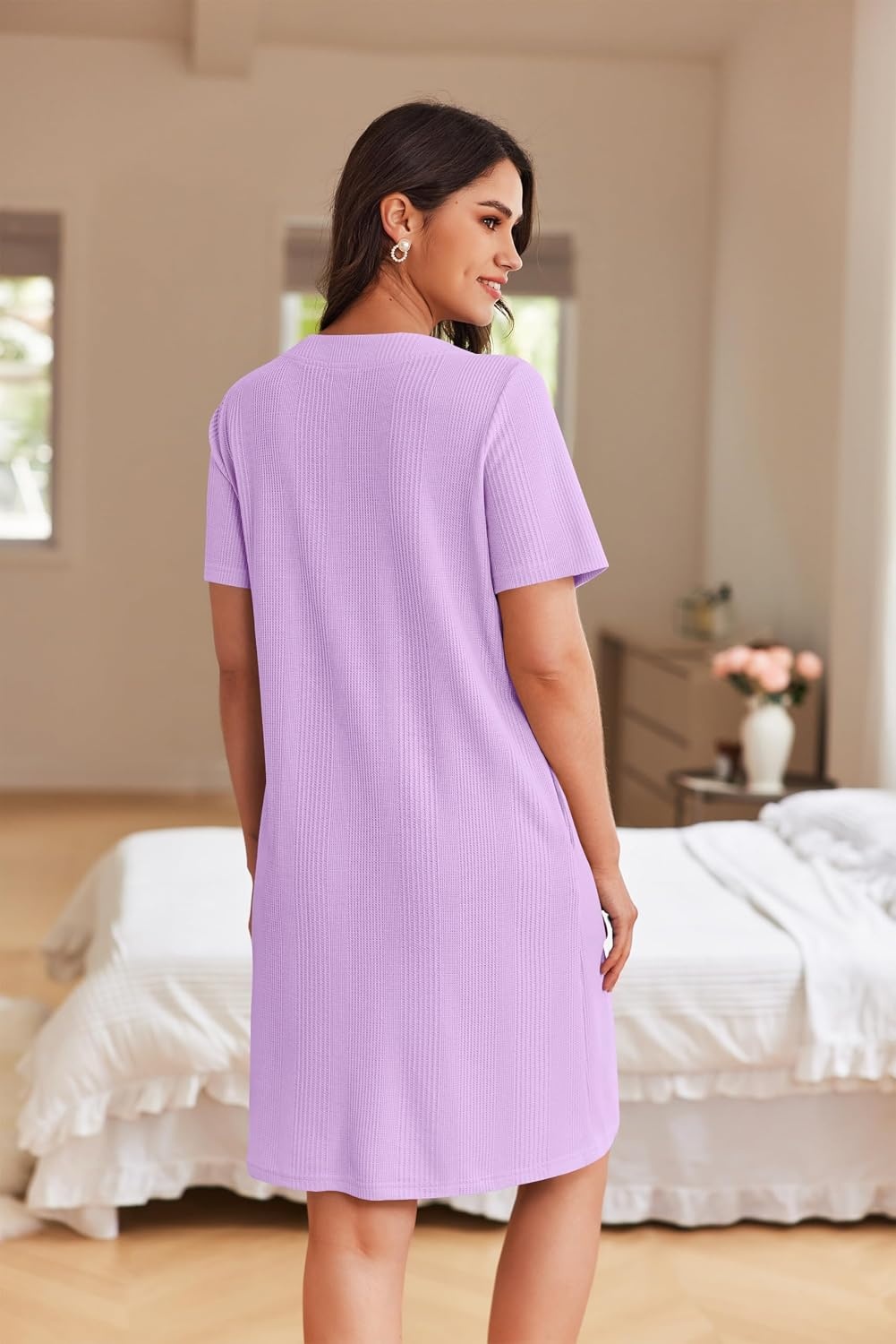image:imageEkouaer Women Zipper Robe Waffle Bathrobe Short House Coat with Pockets Lightweight Robe Short Sleeve Waffle Material V NeckLight Purple