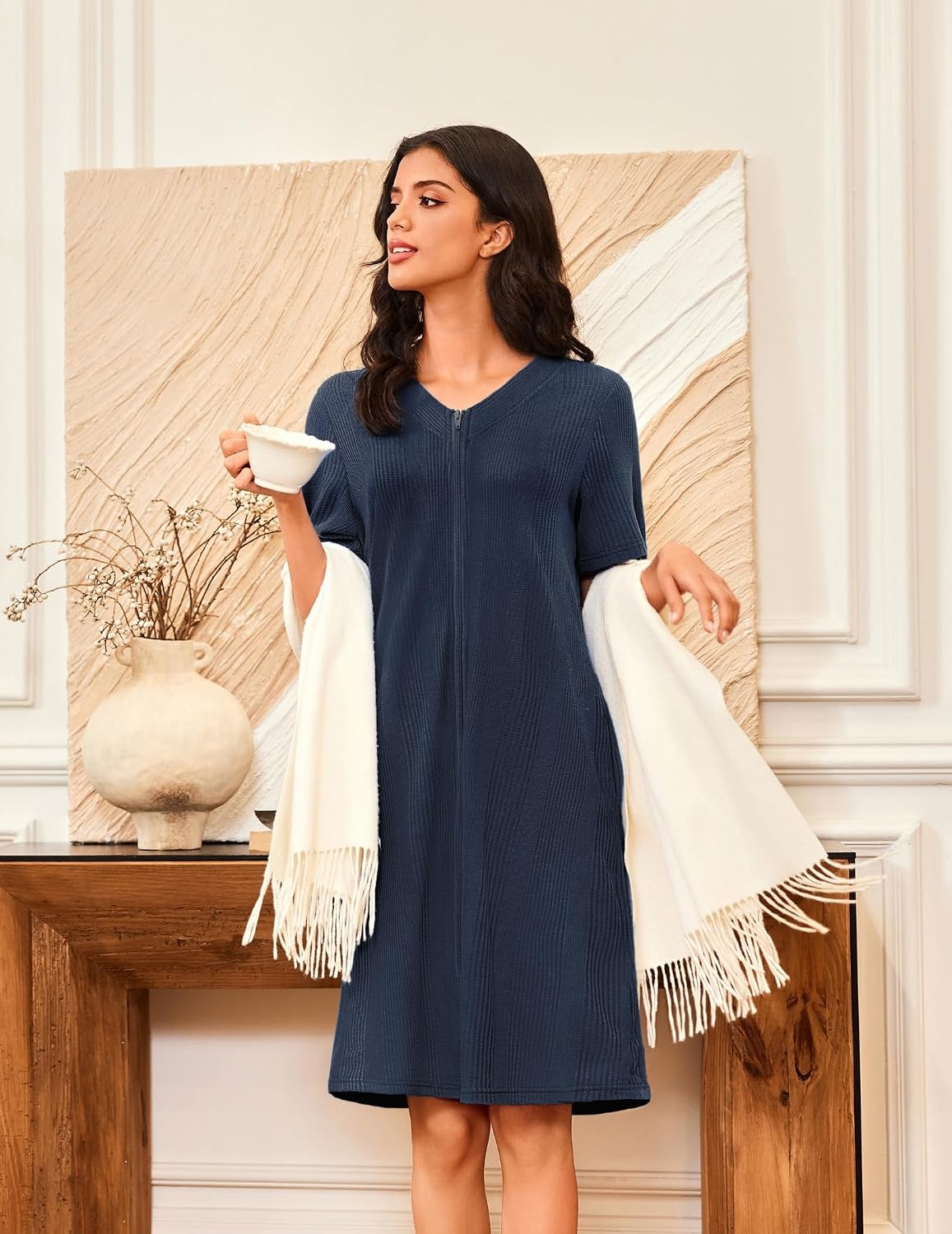 image:imageEkouaer Women Zipper Robe Waffle Bathrobe Short House Coat with Pockets Lightweight Robe Short Sleeve Waffle Material V NeckNavy Blue