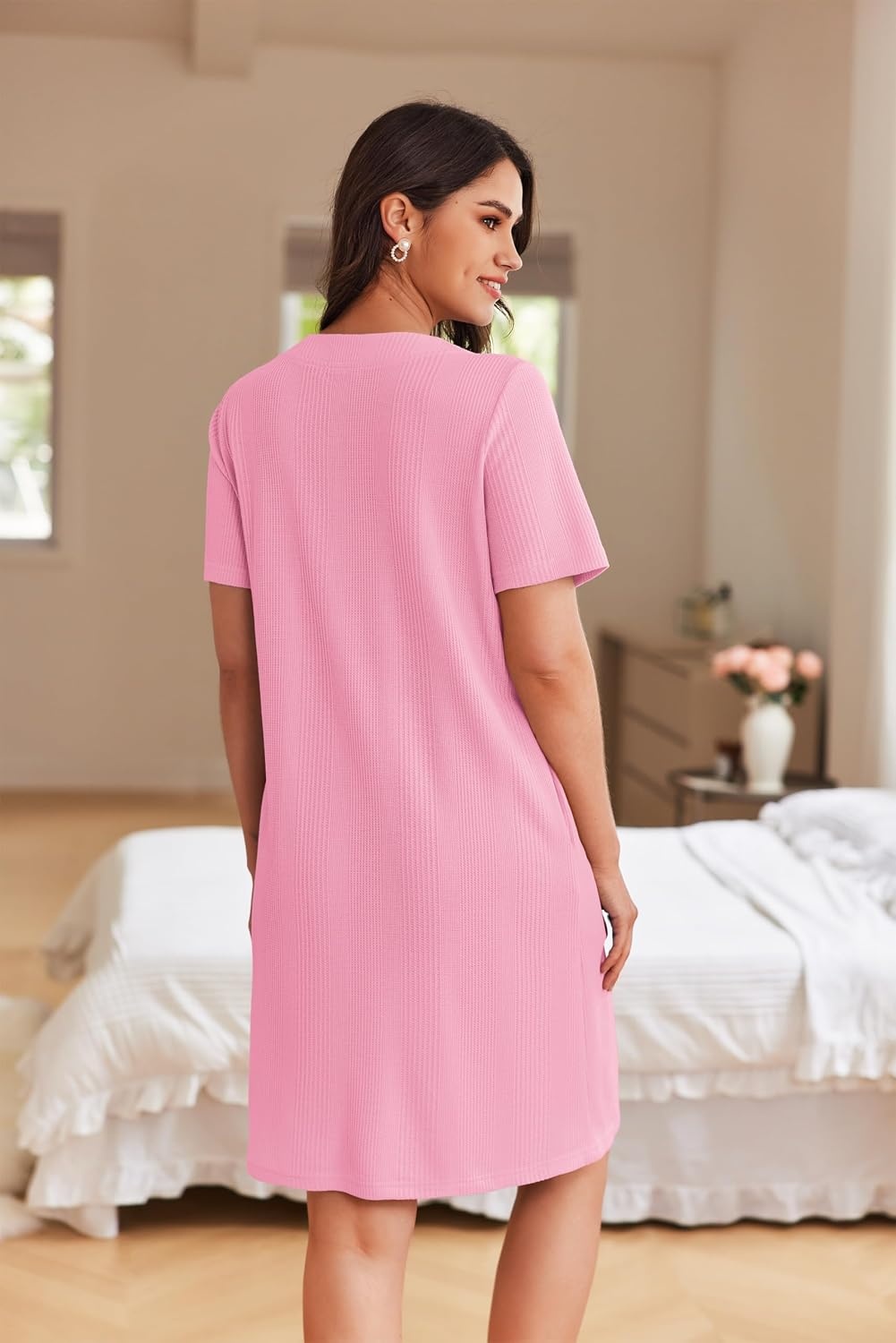 image:imageEkouaer Women Zipper Robe Waffle Bathrobe Short House Coat with Pockets Lightweight Robe Short Sleeve Waffle Material V NeckPink