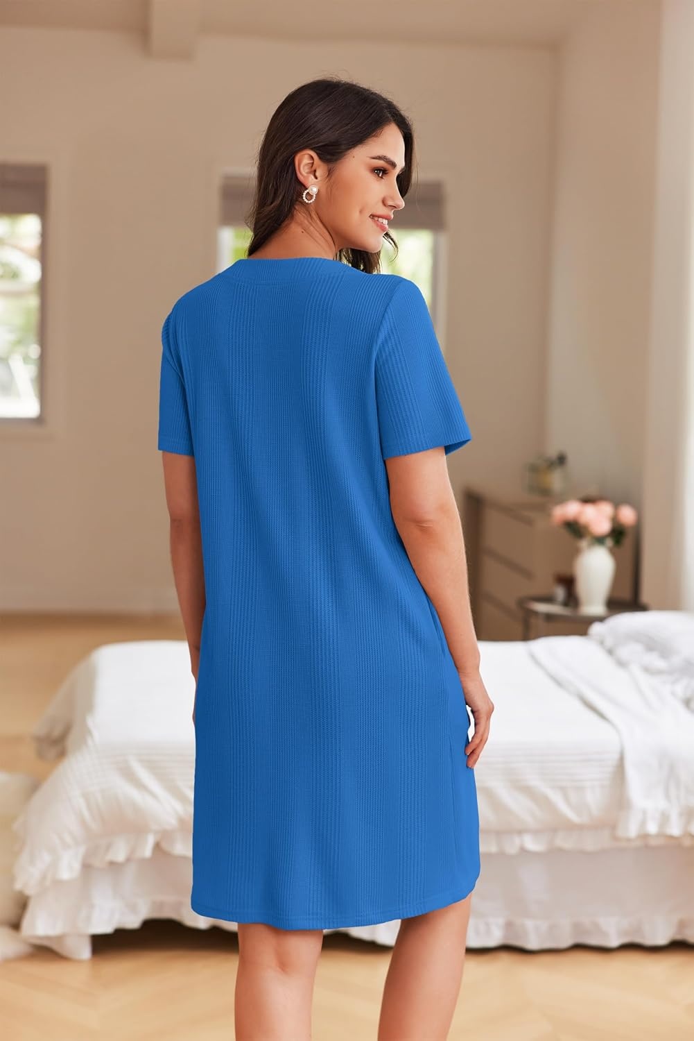 image:imageEkouaer Women Zipper Robe Waffle Bathrobe Short House Coat with Pockets Lightweight Robe Short Sleeve Waffle Material V NeckRoyal Blue