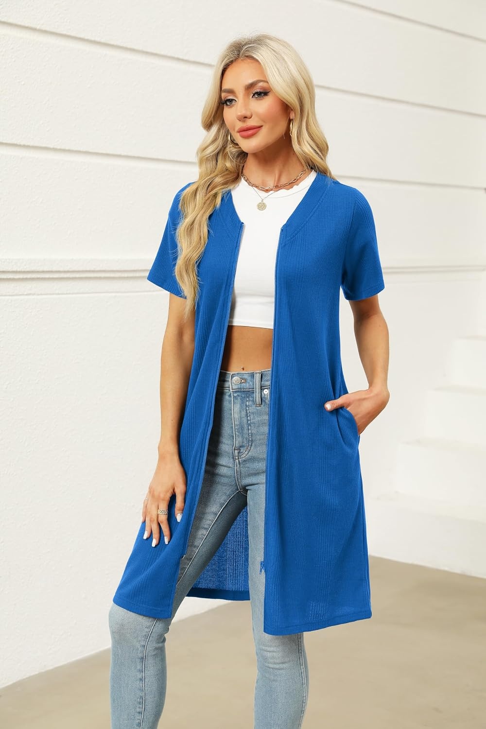 image:imageEkouaer Women Zipper Robe Waffle Bathrobe Short House Coat with Pockets Lightweight Robe Short Sleeve Waffle Material V NeckRoyal Blue