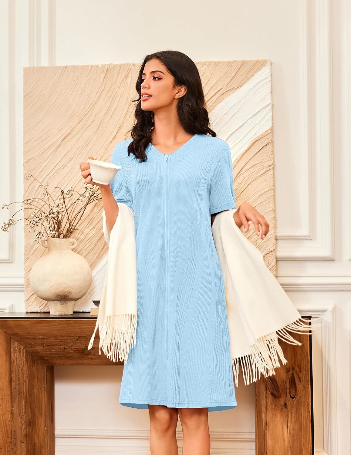 image:imageEkouaer Women Zipper Robe Waffle Bathrobe Short House Coat with Pockets Lightweight Robe Short Sleeve Waffle Material V NeckSky Blue