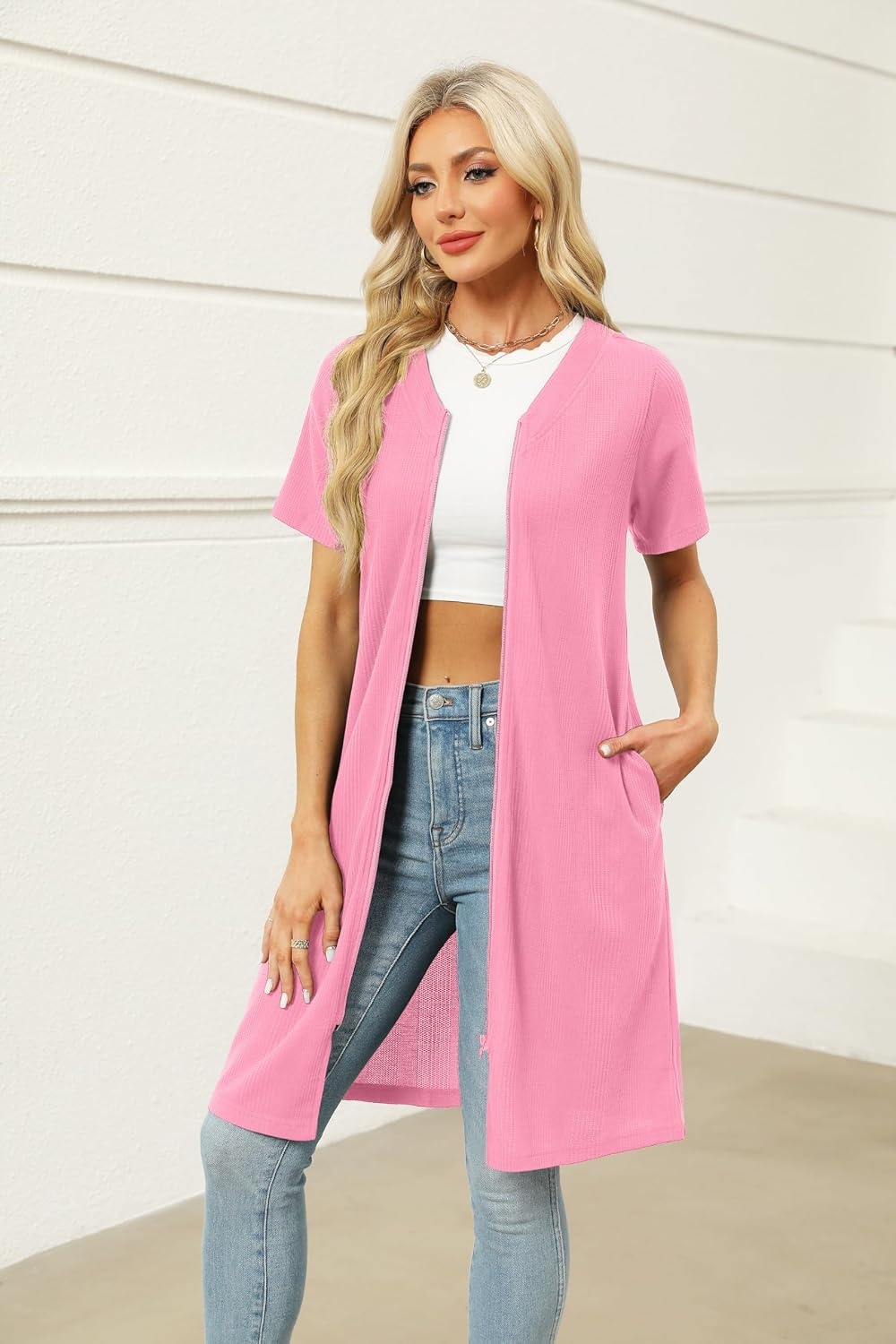image:imageEkouaer Women Zipper Robe Waffle Bathrobe Short House Coat with Pockets Lightweight Robe Short Sleeve Waffle Material V NeckSoft Pink