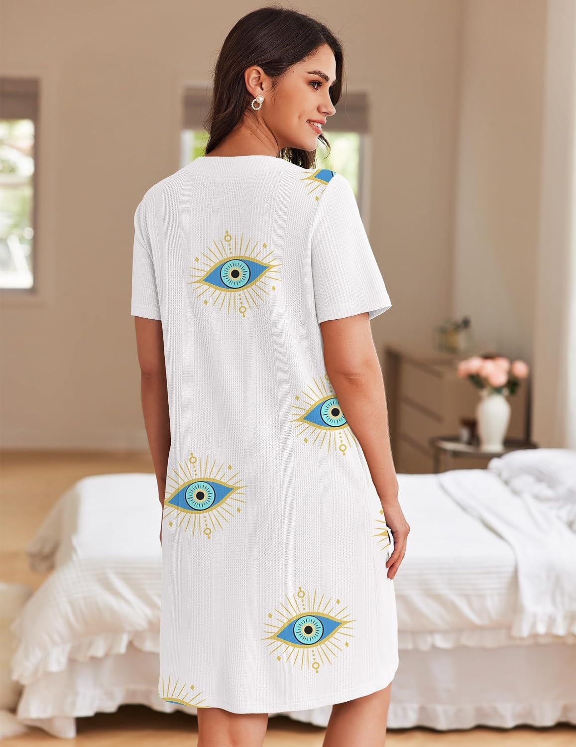 image:imageEkouaer Women Zipper Robe Waffle Bathrobe Short House Coat with Pockets Lightweight Robe Short Sleeve Waffle Material V NeckSun Eye Print
