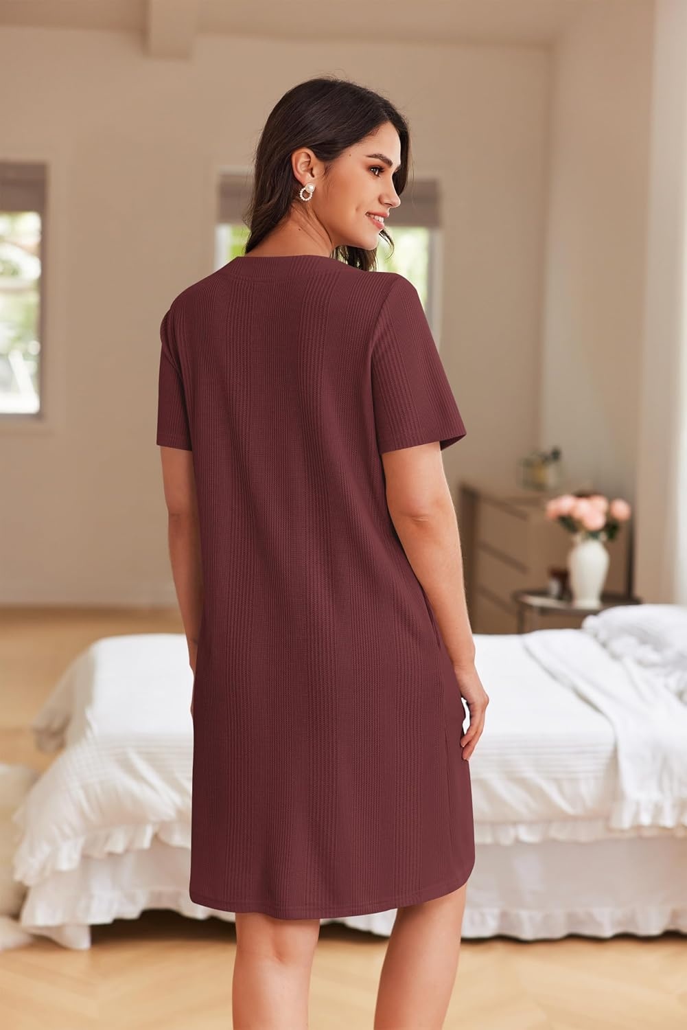 image:imageEkouaer Women Zipper Robe Waffle Bathrobe Short House Coat with Pockets Lightweight Robe Short Sleeve Waffle Material V NeckWine Red