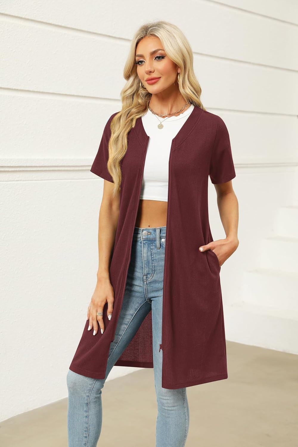 image:imageEkouaer Women Zipper Robe Waffle Bathrobe Short House Coat with Pockets Lightweight Robe Short Sleeve Waffle Material V NeckWine Red
