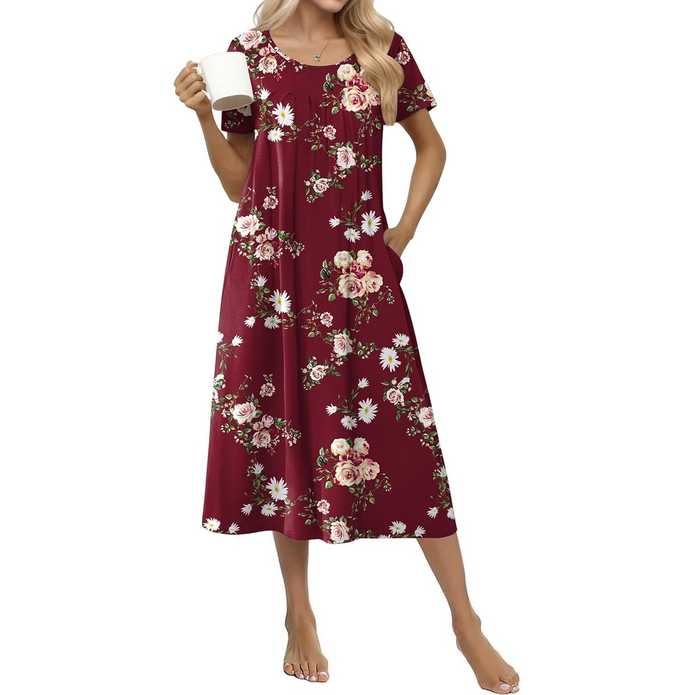 image:imageEkouaer Cotton Nightgowns for Women Long Pleated House Dresses with Pockets  Short Sleeve Night Gowns for Adult Soft Sleep Dress for Sleeping Plus Size Lounge Dress Maxi Pajama DressWine Red Flower