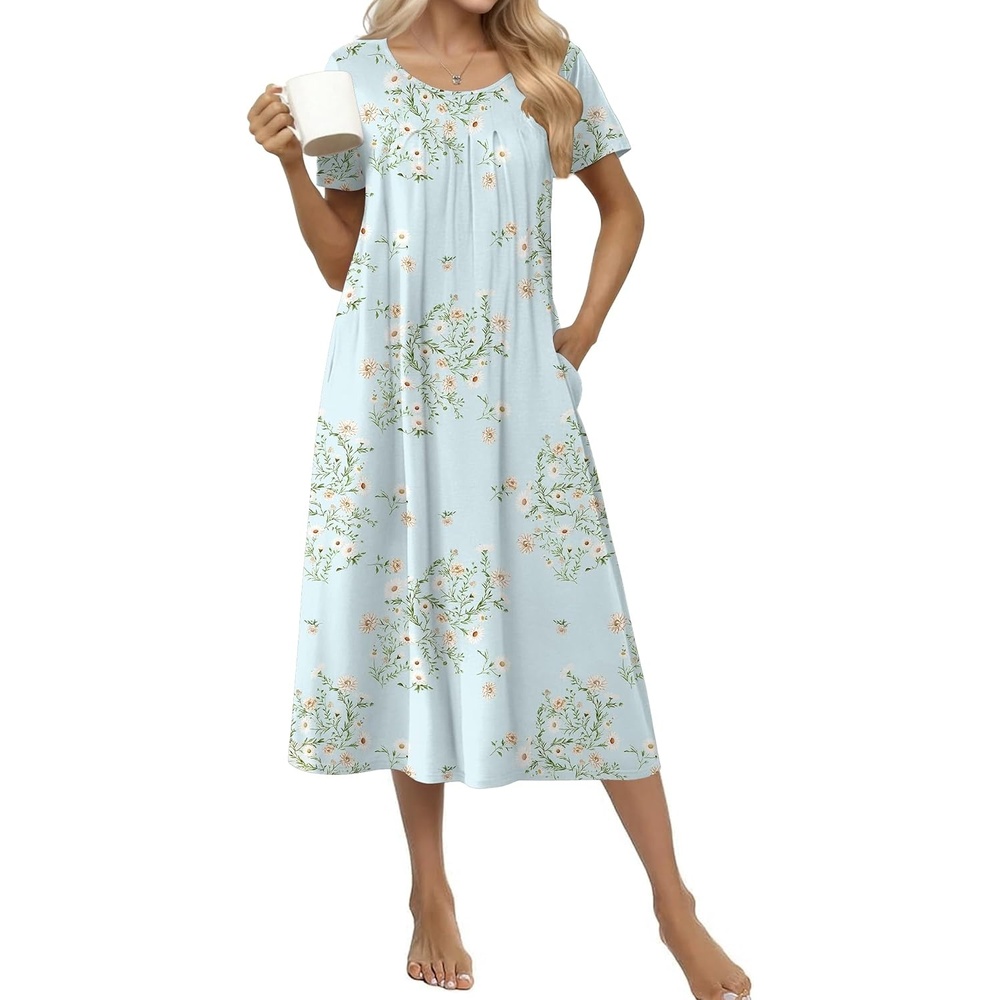 image:imageEkouaer Cotton Nightgowns for Women Long Pleated House Dresses with Pockets  Short Sleeve Night Gowns for Adult Soft Sleep Dress for Sleeping Plus Size Lounge Dress Maxi Pajama DressDaisy Green