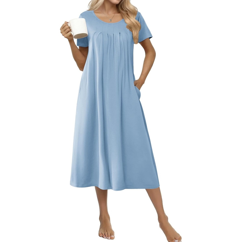image:imageEkouaer Cotton Nightgowns for Women Long Pleated House Dresses with Pockets  Short Sleeve Night Gowns for Adult Soft Sleep Dress for Sleeping Plus Size Lounge Dress Maxi Pajama DressLight Blue