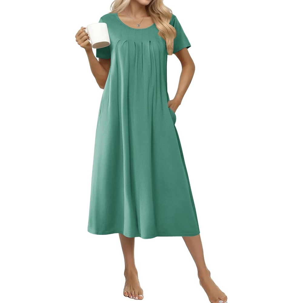 image:imageEkouaer Cotton Nightgowns for Women Long Pleated House Dresses with Pockets  Short Sleeve Night Gowns for Adult Soft Sleep Dress for Sleeping Plus Size Lounge Dress Maxi Pajama DressLight Green