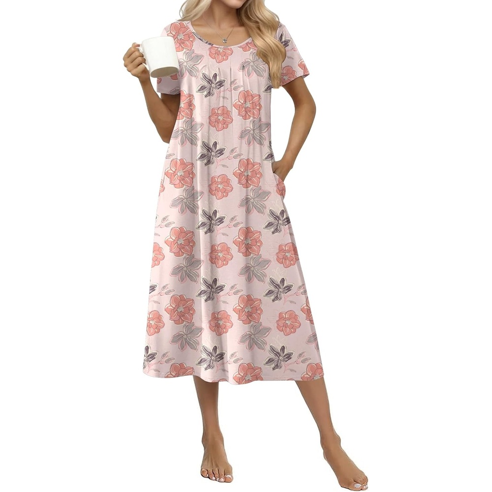 image:imageEkouaer Cotton Nightgowns for Women Long Pleated House Dresses with Pockets  Short Sleeve Night Gowns for Adult Soft Sleep Dress for Sleeping Plus Size Lounge Dress Maxi Pajama DressPink Flower