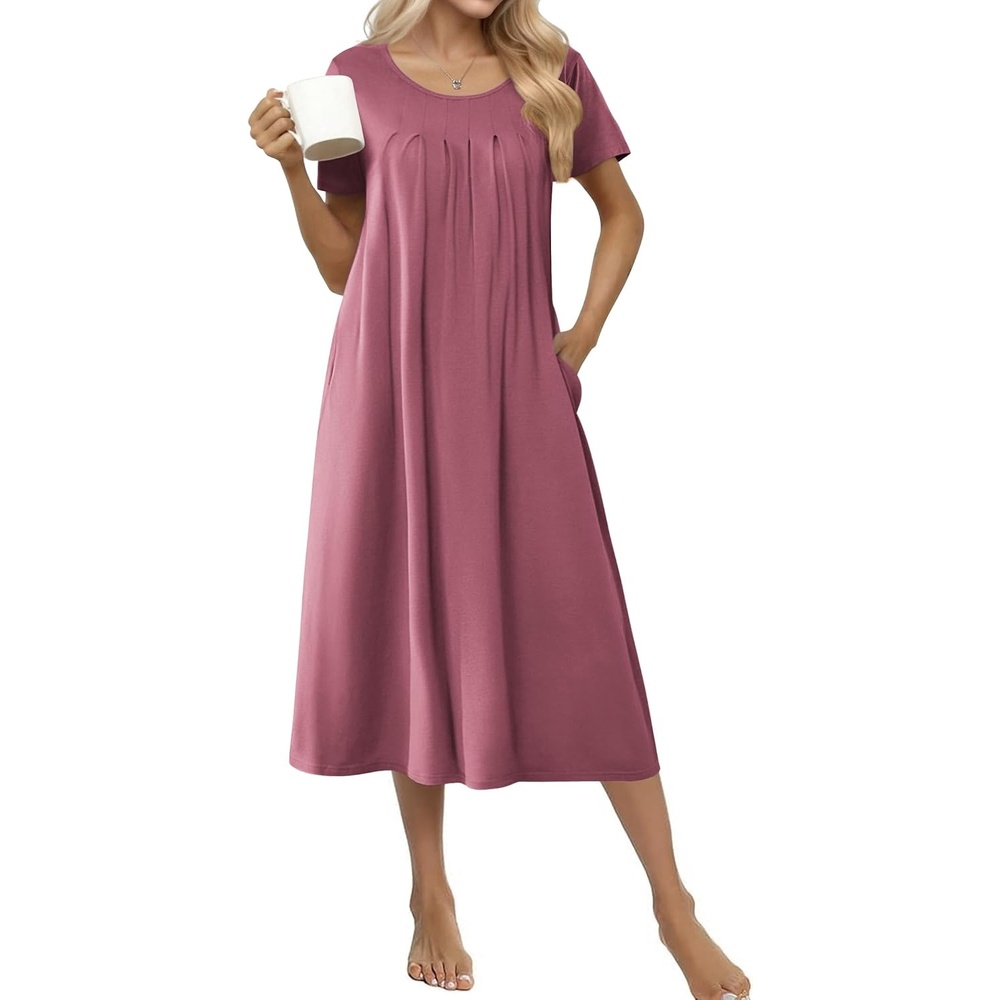 image:imageEkouaer Cotton Nightgowns for Women Long Pleated House Dresses with Pockets  Short Sleeve Night Gowns for Adult Soft Sleep Dress for Sleeping Plus Size Lounge Dress Maxi Pajama DressDusty Rose