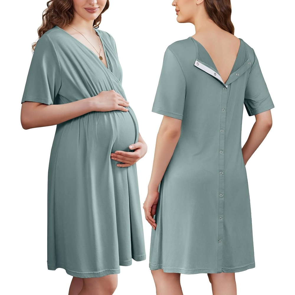 image:imageEkouaer Labor and Delivery Gown for Hospital V Neck Maternity Nursing Dress Birthing Gown Open Back Button closure Skinfriendly Short Sleeve Split Front Flap Stretchy Breastfeeding CsectionDusty Green