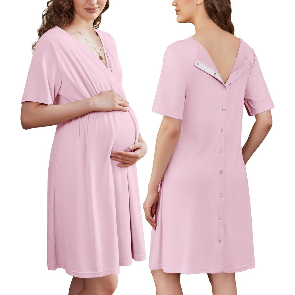 image:imageEkouaer Labor and Delivery Gown for Hospital V Neck Maternity Nursing Dress Birthing Gown Open Back Button closure Skinfriendly Short Sleeve Split Front Flap Stretchy Breastfeeding CsectionLight Pink