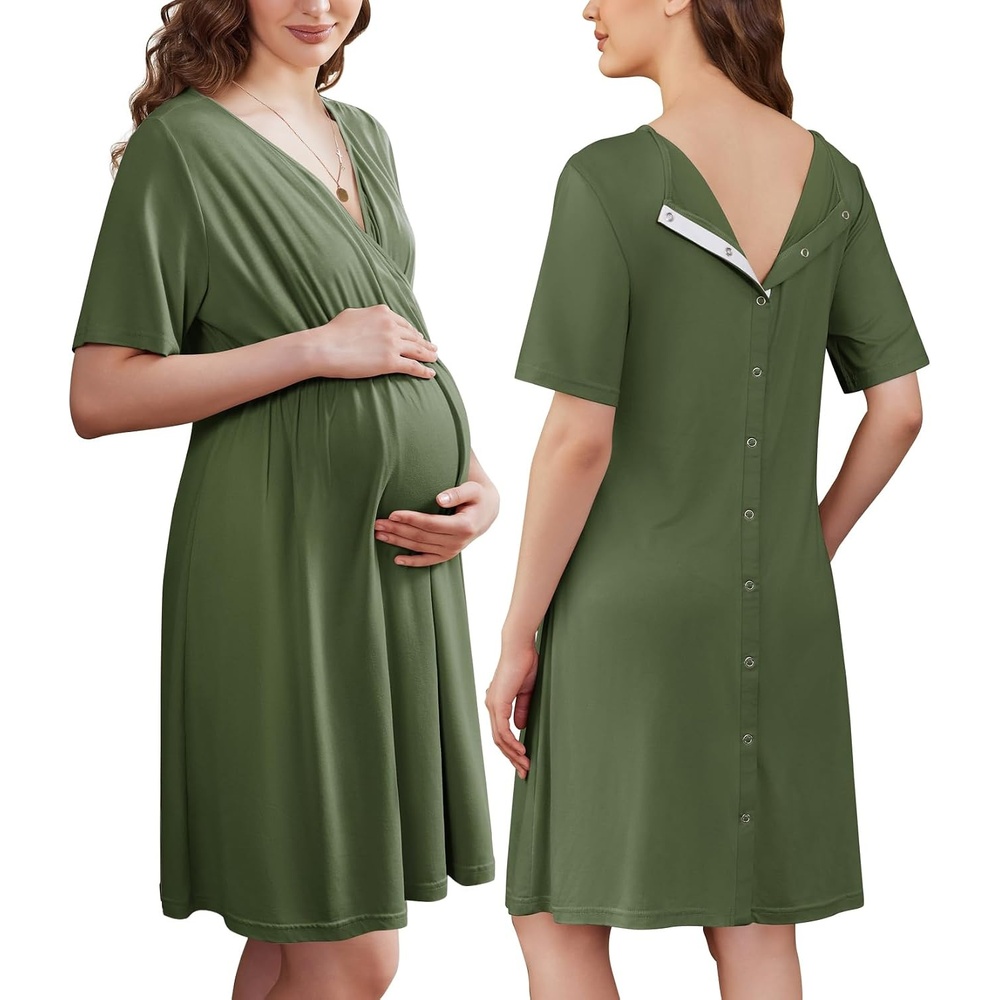 image:imageEkouaer Labor and Delivery Gown for Hospital V Neck Maternity Nursing Dress Birthing Gown Open Back Button closure Skinfriendly Short Sleeve Split Front Flap Stretchy Breastfeeding CsectionArmy Green