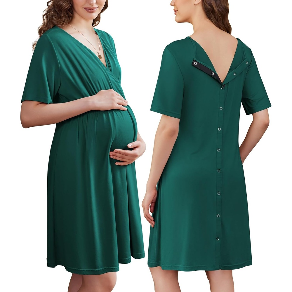 image:imageEkouaer Labor and Delivery Gown for Hospital V Neck Maternity Nursing Dress Birthing Gown Open Back Button closure Skinfriendly Short Sleeve Split Front Flap Stretchy Breastfeeding CsectionDark Green
