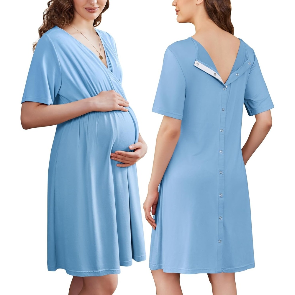 image:imageEkouaer Labor and Delivery Gown for Hospital V Neck Maternity Nursing Dress Birthing Gown Open Back Button closure Skinfriendly Short Sleeve Split Front Flap Stretchy Breastfeeding CsectionLake Blue