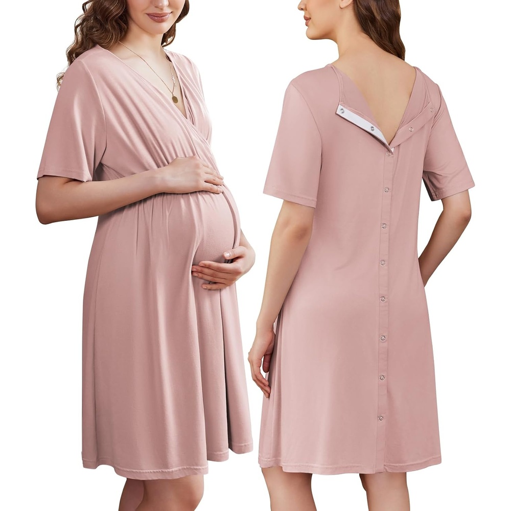 image:imageEkouaer Labor and Delivery Gown for Hospital V Neck Maternity Nursing Dress Birthing Gown Open Back Button closure Skinfriendly Short Sleeve Split Front Flap Stretchy Breastfeeding CsectionMauve