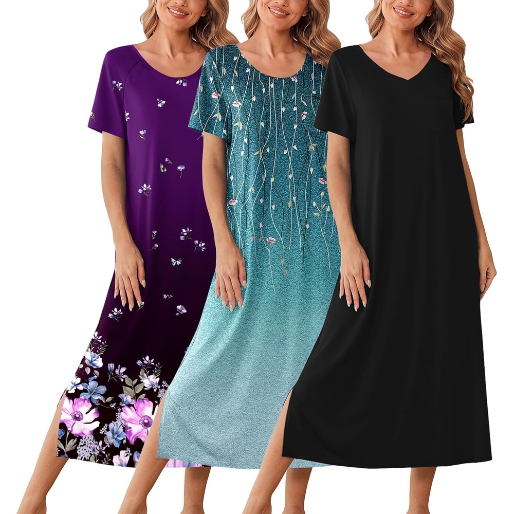 image:imageEkouaer Long Nightgowns for Women 3 Pack Plus Size Short Sleeve House Dress  Ladies Night Gown V Neck Lounge Dress Plus Size Sleep Shirts Full Length Night Shirts Floral Moo Moos Soft Pajama DressBlackSparkling BranchesGradient Purple Floral