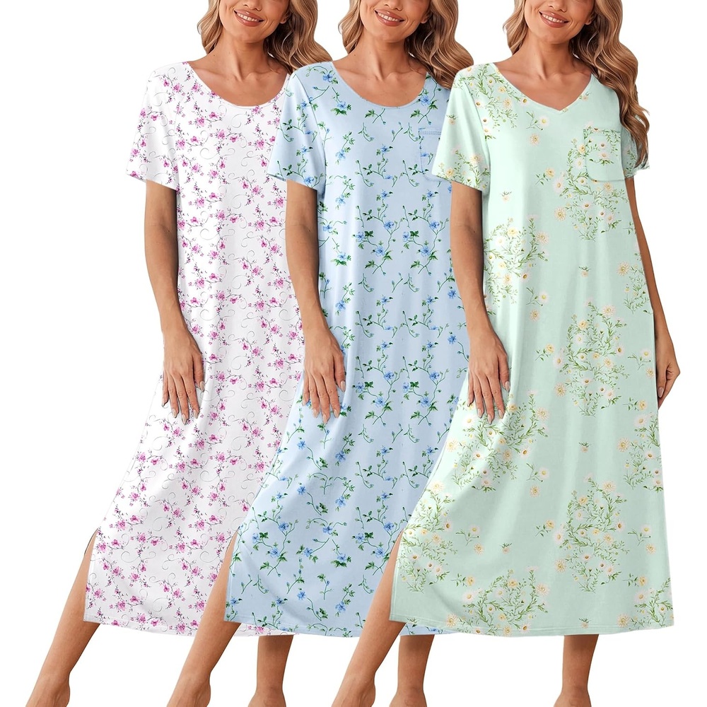 image:imageEkouaer Long Nightgowns for Women 3 Pack Plus Size Short Sleeve House Dress  Ladies Night Gown V Neck Lounge Dress Plus Size Sleep Shirts Full Length Night Shirts Floral Moo Moos Soft Pajama DressLight Green FloralBlue FloralPurple Floral