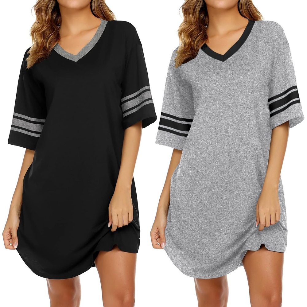 image:imageEkouaer Nightgowns for Women 2 Pack Short Sleeve Nightgown V Neck Sleepwear Soft Color Block Sleep Shirts Oversized Night Shirts Boyfriend Sleep Dress for Sleeping Daily Wear Pajama Party S4XLBlackLight Grey